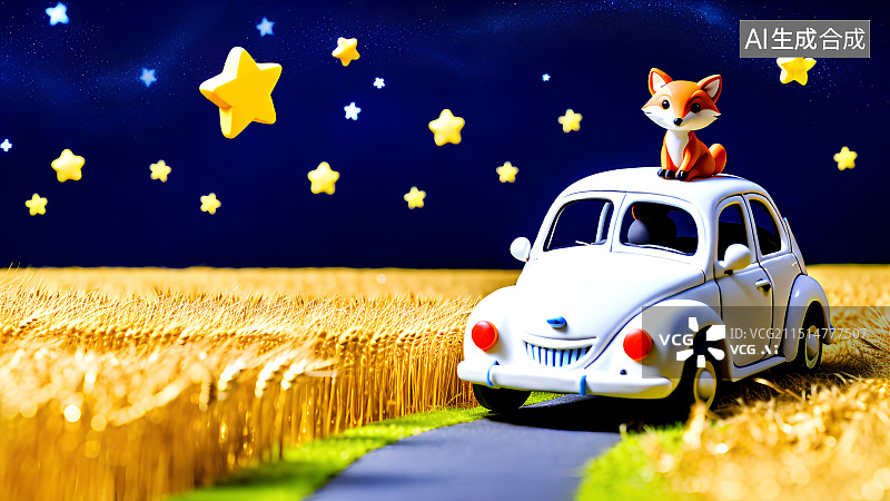 【AI数字艺术】3D渲染汽车，粘土毛毡质感插画，秋天户外自驾游，夜晚星空下的麦田，旅游，旅行，海报，背景图，壁纸图片素材