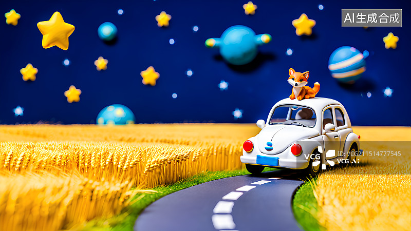 【AI数字艺术】3D渲染汽车，粘土毛毡质感插画，秋天户外自驾游，夜晚星空下的麦田，旅游，旅行，海报，背景图，壁纸图片素材