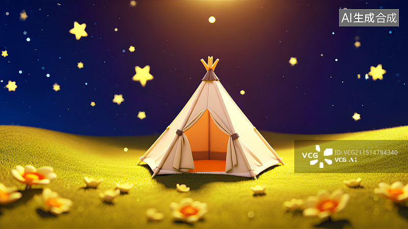 【AI数字艺术】3D渲染，毛毡质感插画，夜晚星空下的帐篷，露营，自驾游，旅游，旅行，海报，背景图，壁纸图片素材