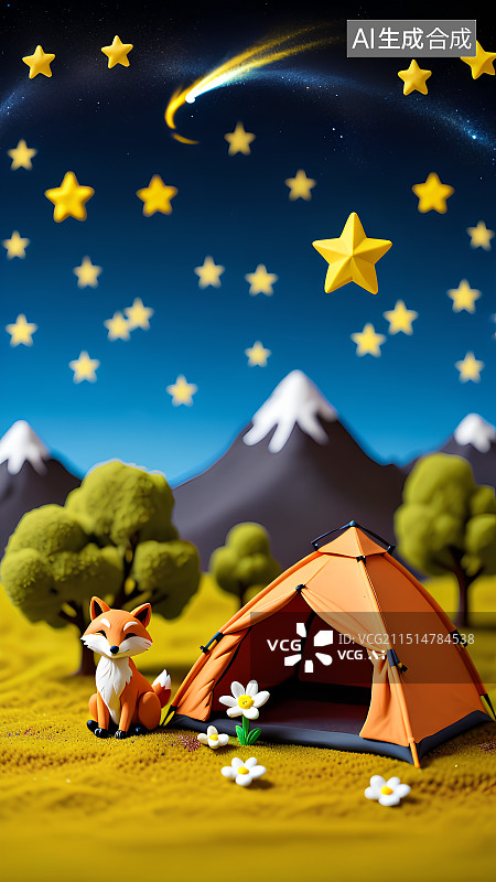 【AI数字艺术】3D渲染，毛毡质感插画，夜晚星空下的帐篷，露营，自驾游，旅游，旅行，海报，背景图，壁纸图片素材