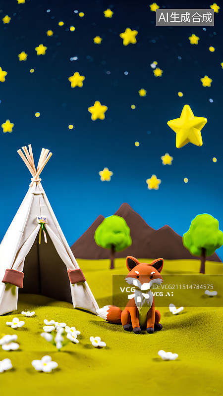 【AI数字艺术】3D渲染，毛毡质感插画，夜晚星空下的帐篷，露营，自驾游，旅游，旅行，海报，背景图，壁纸图片素材