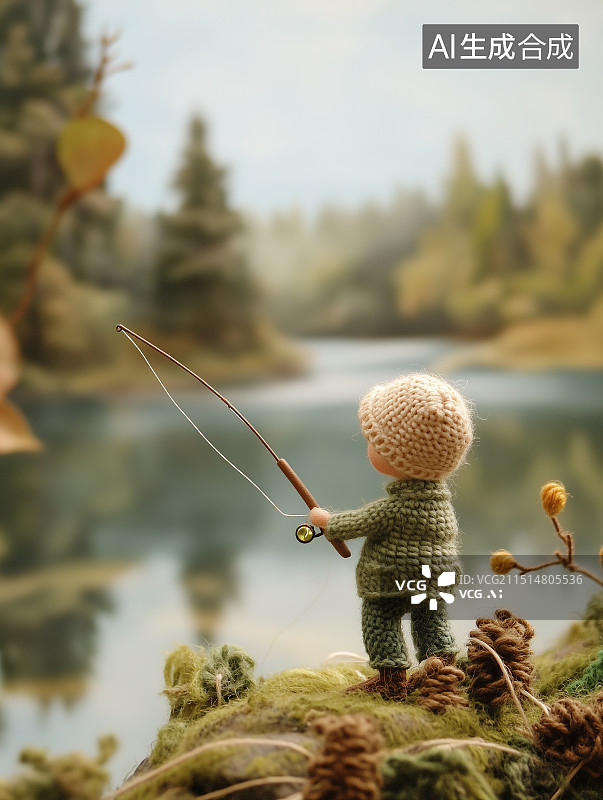 【AI数字艺术】一个人在户外钓鱼，毛线编织风格图片素材