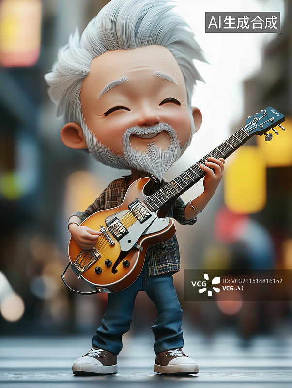 【AI数字艺术】3DQ版可爱风格穿着时尚演奏乐器的老年人图片素材