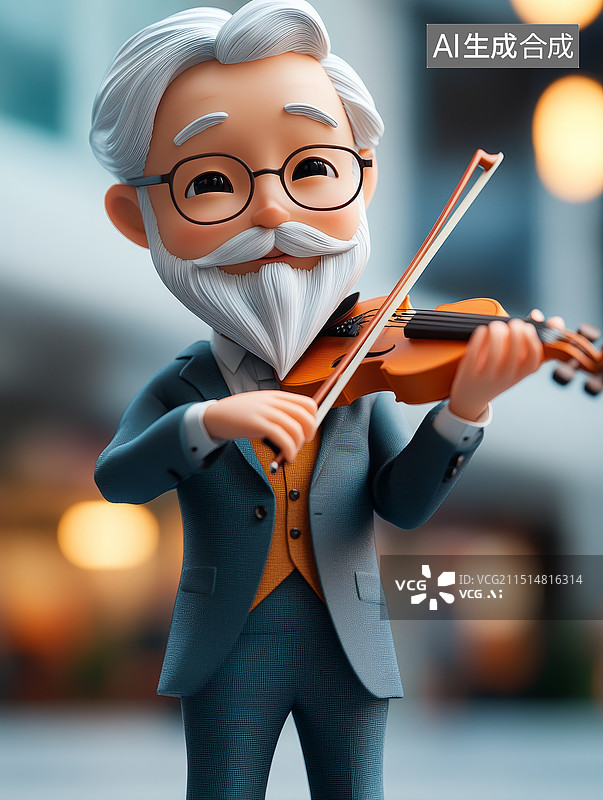 【AI数字艺术】3DQ版可爱风格穿着时尚演奏乐器的老年人图片素材