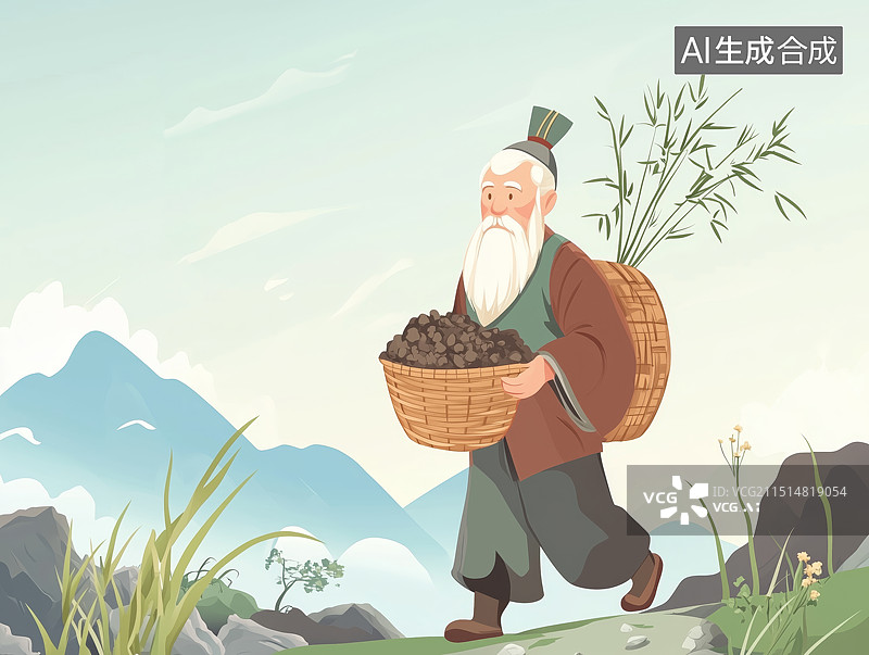 【AI数字艺术】中国寓言故事愚公移山扁平插画国画图片素材