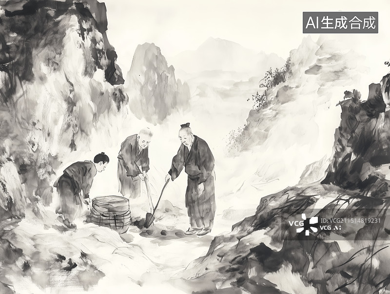 【AI数字艺术】中国寓言故事愚公移山扁平插画国画图片素材