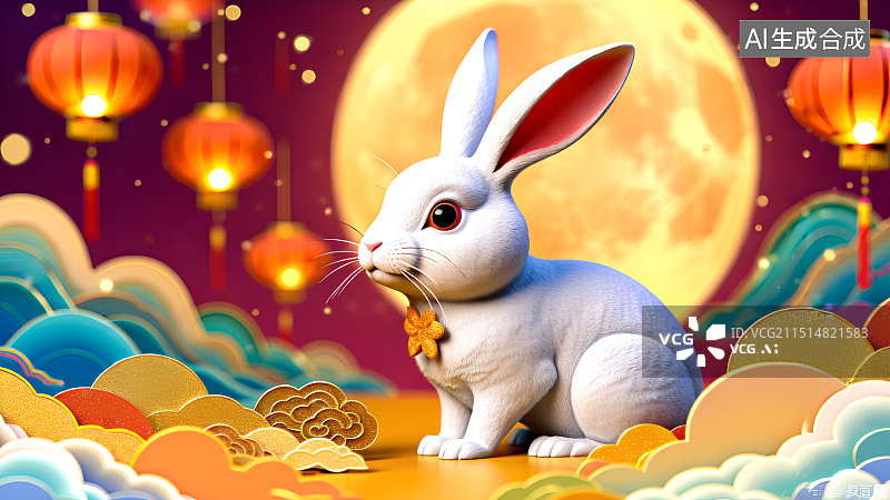 【AI数字艺术】3D渲染玉兔，月亮，灯笼，天灯，孔明灯，春节，新年，中秋节灯会，元宵节庙会，中国传统节日背景图，壁纸图片素材