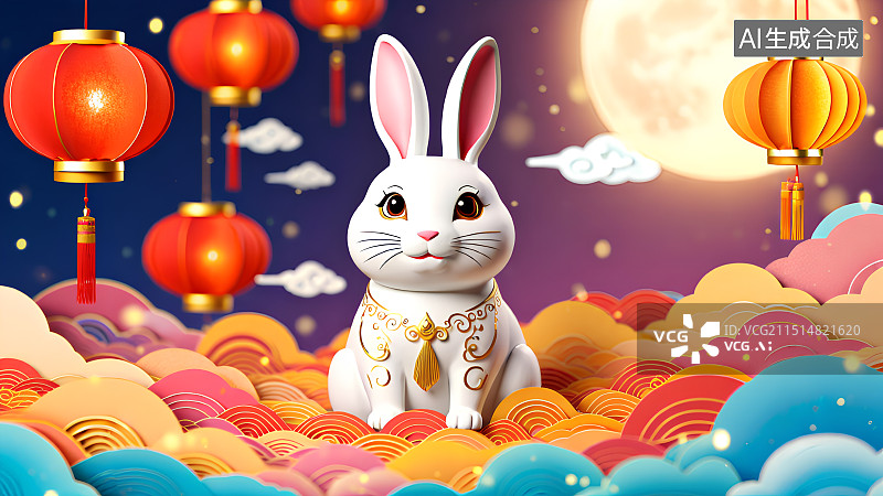 【AI数字艺术】3D渲染玉兔，月亮，灯笼，天灯，孔明灯，春节，新年，中秋节灯会，元宵节庙会，中国传统节日背景图，壁纸图片素材