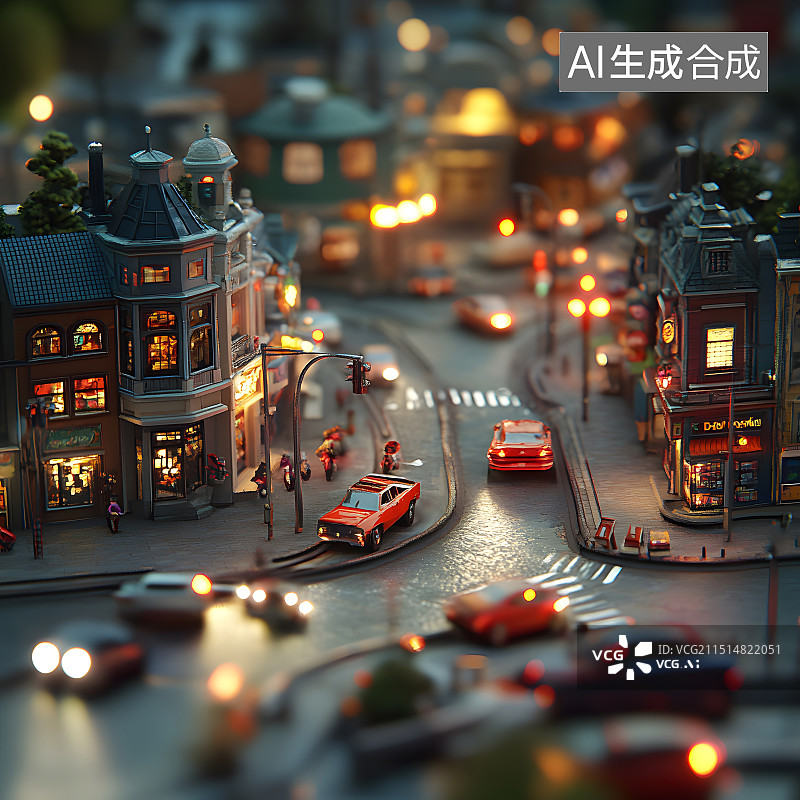 【AI数字艺术】都市夜景车流微缩景观移轴镜头小人国赛博朋克港风建筑霓虹灯箱图片素材