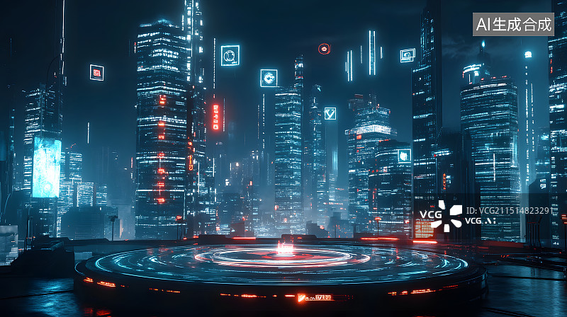 【AI数字艺术】科技赛博朋克展台城市电商海报未来构图透视图片素材