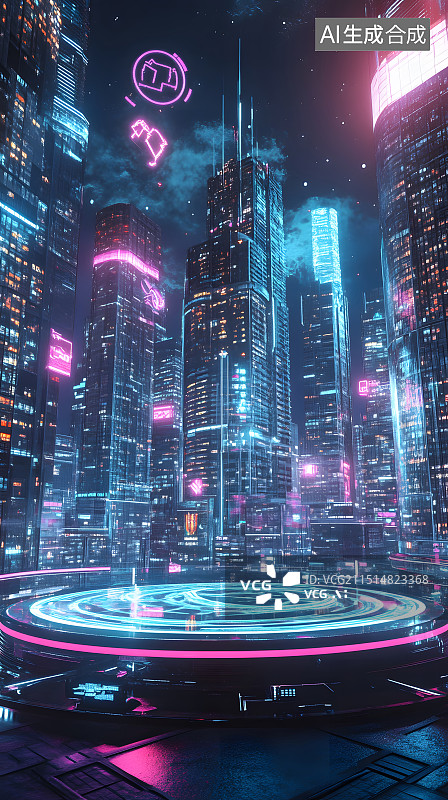 【AI数字艺术】科技赛博朋克展台城市电商海报未来构图透视图片素材