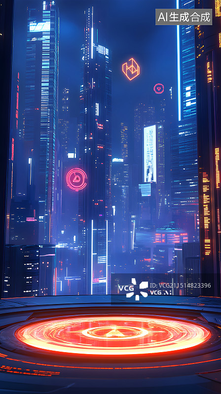 【AI数字艺术】科技赛博朋克展台城市电商海报未来构图透视图片素材