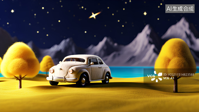 【AI数字艺术】3D渲染，毛毡质感插画，秋天夜晚星空户外风景，自驾游，旅游，旅行，海报，背景图，壁纸图片素材