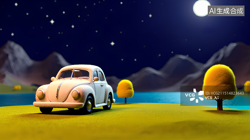 【AI数字艺术】3D渲染，毛毡质感插画，秋天夜晚星空户外风景，自驾游，旅游，旅行，海报，背景图，壁纸图片素材