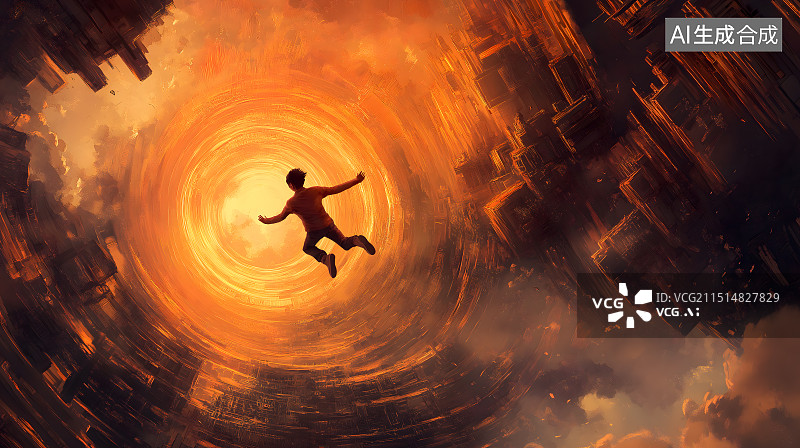 【AI数字艺术】一个在光圈前漂浮的人科幻场景图片素材