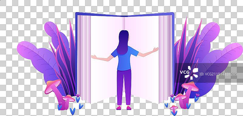 卡通小女人阅读打开的奇幻巨著图片素材