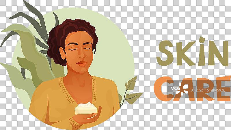 女孩拿着椰子油或面霜面膜图片素材