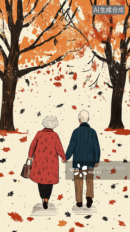 【AI数字艺术】重阳节关爱老人插画 老人的退休生活 秋天的林荫小道上老年夫妻散步插画 竖版图片素材