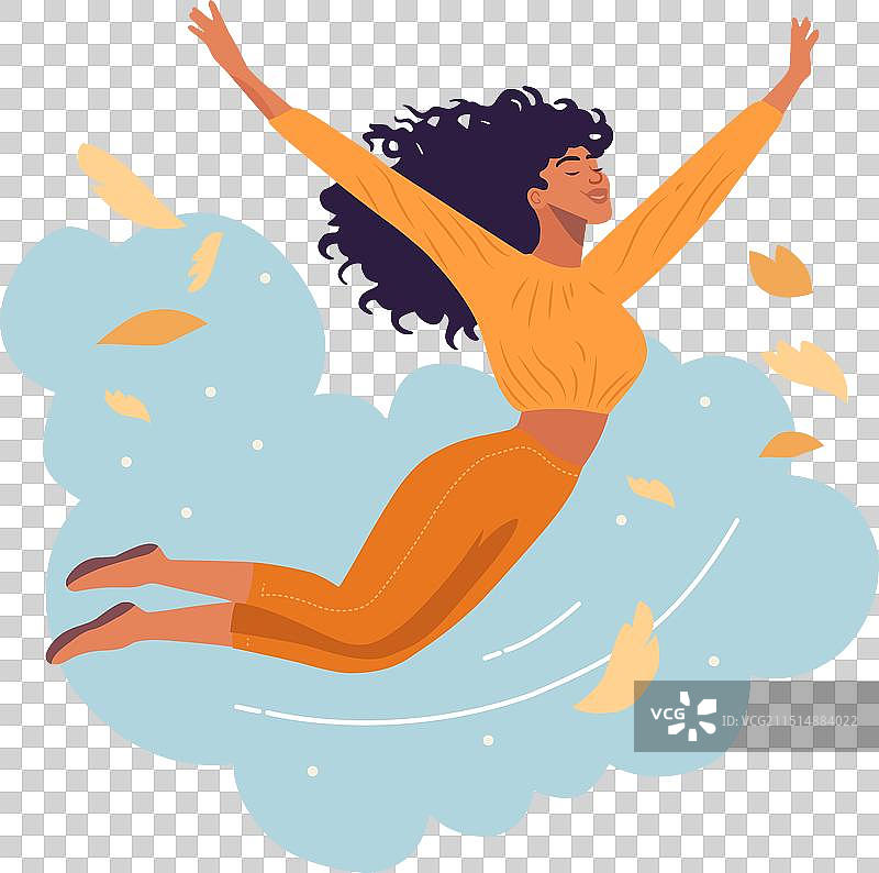 快乐的女孩在扁平的背景上飞翔图片素材