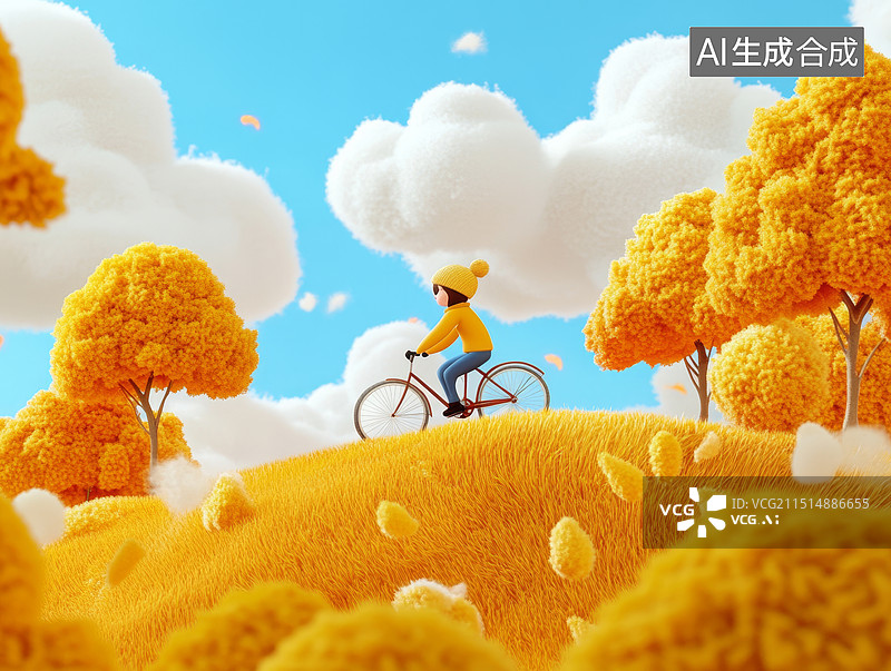 【AI数字艺术】骑自行车秋天风景毛线编织秋游风格3D渲染图片素材