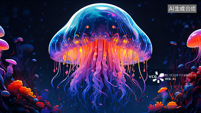 【AI数字艺术】水母在海底游泳的特写镜头图片素材