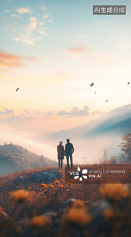 【AI数字艺术】重阳节关爱老人插画 老年夫妻两个人一起看日落竖版插画 老人采菊花登山看云海风景图片素材