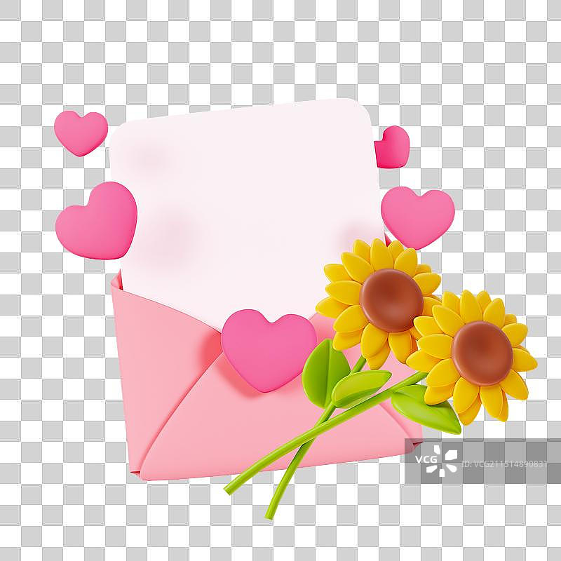 3D渲染的教师节感谢信爱心信封向日葵花朵元素图片素材