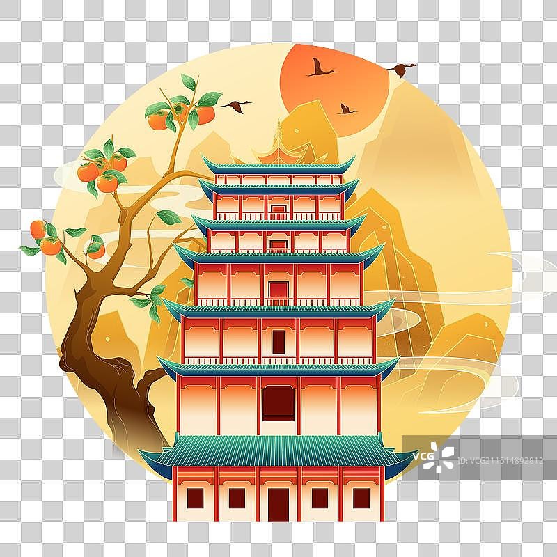 国风二十四节气秋分敦煌城市建筑矢量插画图片素材