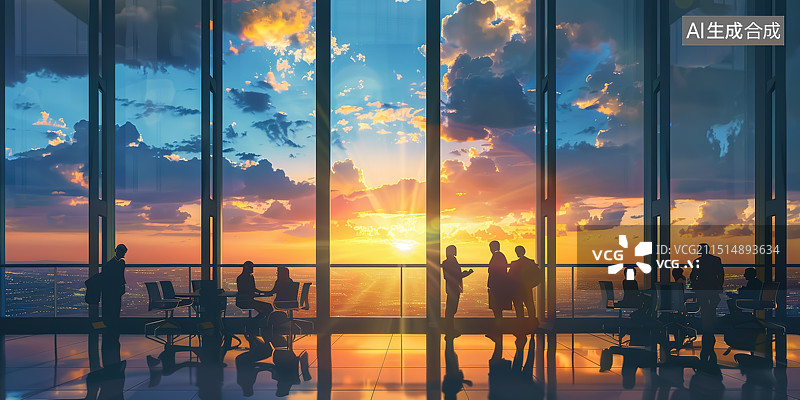 【AI数字艺术】许多商务人士站在黄昏的落地窗前讨论场景剪影图片素材
