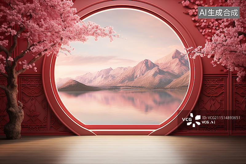 【AI数字艺术】红色中式庭院产品展台和窗外的山水风景图片素材