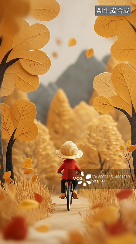 【AI数字艺术】毛毡材质，秋天，郊游，户外运动，骑行，秋日风光图片素材