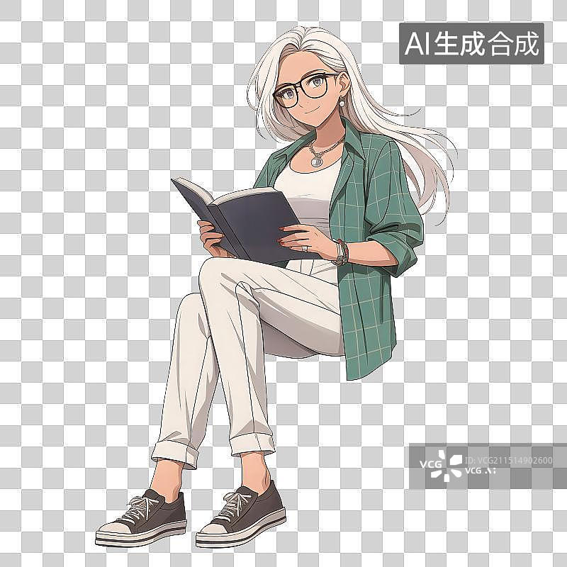 【AI数字艺术】复古上世纪80、90年代日漫风格免抠可爱的高知女性正在看书阅读肖像图片素材