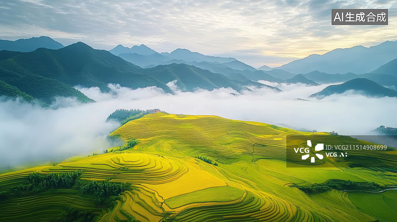 【AI数字艺术】山区山地云海与金黄色梯田自然风景图片素材