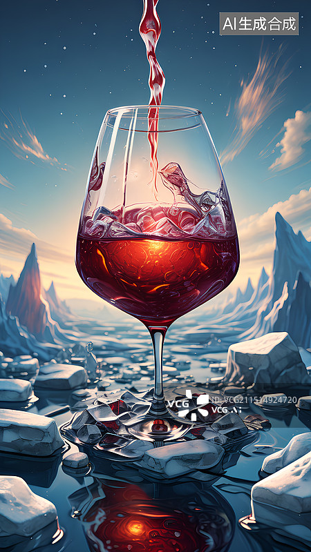 【AI数字艺术】冰块和玻璃杯上的红酒图片素材