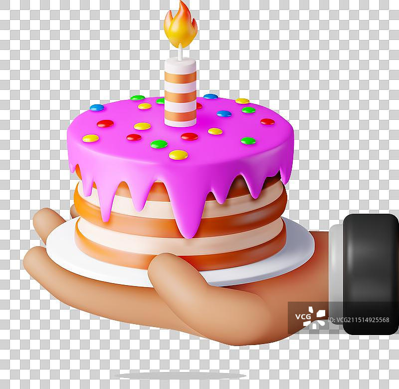 手持单根燃烧蜡烛的3D蛋糕图片素材
