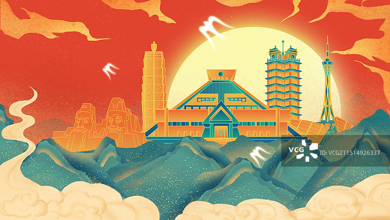 郑州中国风壁画绿山城市建筑图片素材