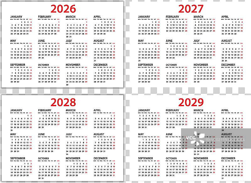 2026-2029年日历计划表模板图片素材