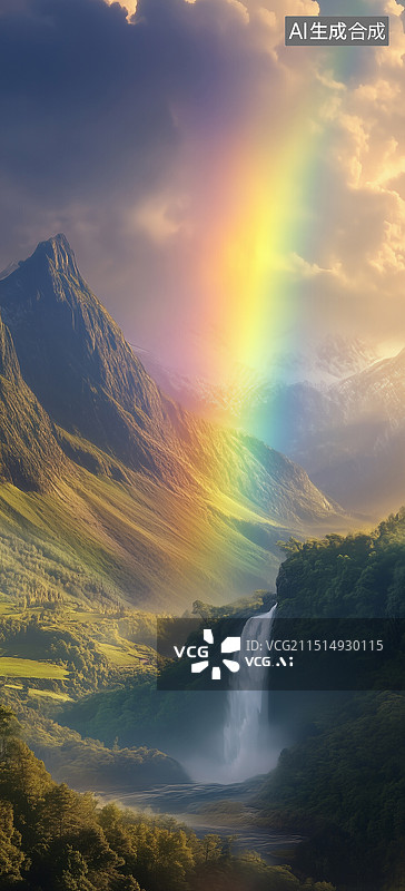 【AI数字艺术】一幅令人惊叹的风景画，彩虹横跨天空，色彩斑斓的弧线点亮了美丽的自然风光，营造出宁静而神奇的氛围。在这图片素材