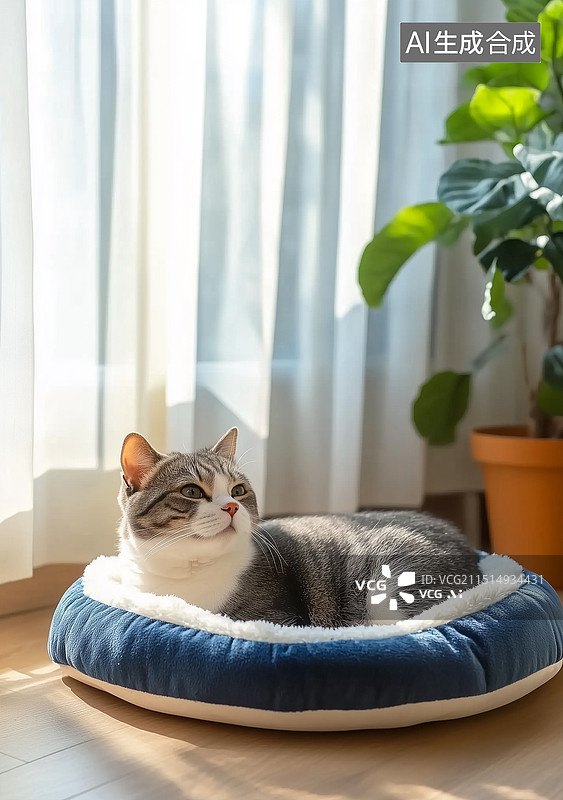 【AI数字艺术】慵懒的家猫躺在蓝白色的绒毛宠物床上，享受透过纱帘洒入的温暖阳光，背景为浅色木地板和窗边的小绿植，营图片素材