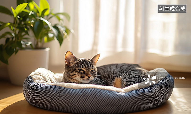 【AI数字艺术】慵懒的家猫躺在蓝白色的绒毛宠物床上，享受透过纱帘洒入的温暖阳光，背景为浅色木地板和窗边的小绿植，营图片素材