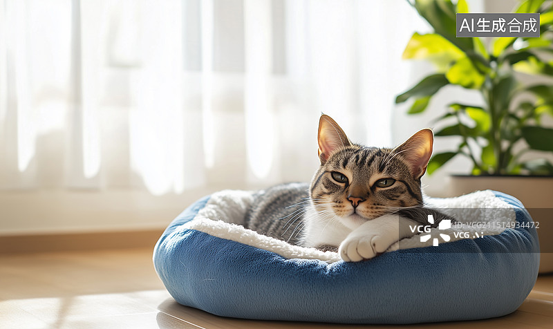 【AI数字艺术】慵懒的家猫躺在蓝白色的绒毛宠物床上，享受透过纱帘洒入的温暖阳光，背景为浅色木地板和窗边的小绿植，营图片素材