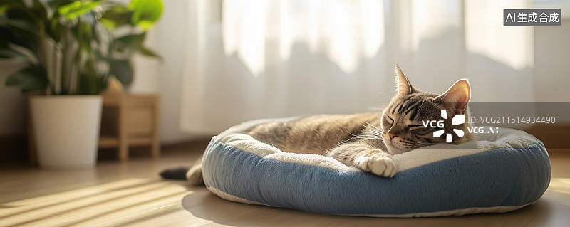 【AI数字艺术】慵懒的家猫躺在蓝白色的绒毛宠物床上，享受透过纱帘洒入的温暖阳光，背景为浅色木地板和窗边的小绿植，营图片素材