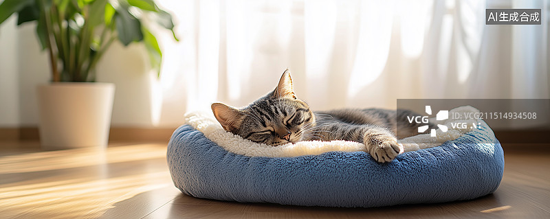 【AI数字艺术】慵懒的家猫躺在蓝白色的绒毛宠物床上，享受透过纱帘洒入的温暖阳光，背景为浅色木地板和窗边的小绿植，营图片素材