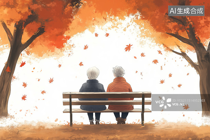 【AI数字艺术】秋天公园长凳上坐着的老人图片素材