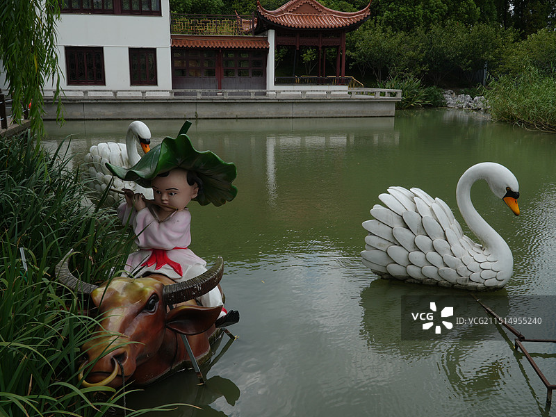 江苏苏州昆山慧聚寺后花园池塘里的放牛娃图片素材