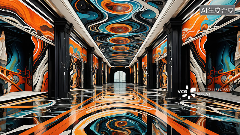 【AI数字艺术】抽象梦幻色彩未来风格室内建筑图片素材
