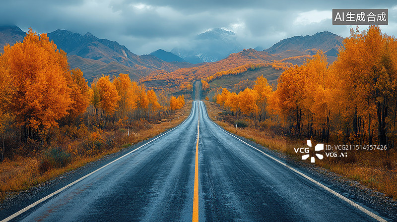 【AI数字艺术】秋季山脉森林公路图片素材