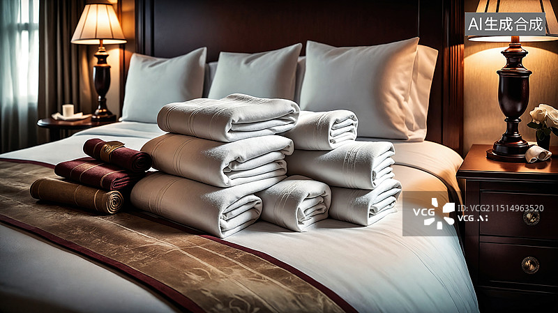 【AI数字艺术】酒店房间中的折叠毛巾堆叠在床上图片素材