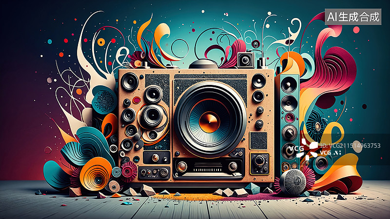 【AI数字艺术】复古音响与色彩交织图片素材