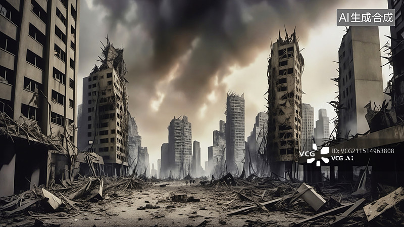 【AI数字艺术】废墟之城：孤独身影下的末日景象图片素材